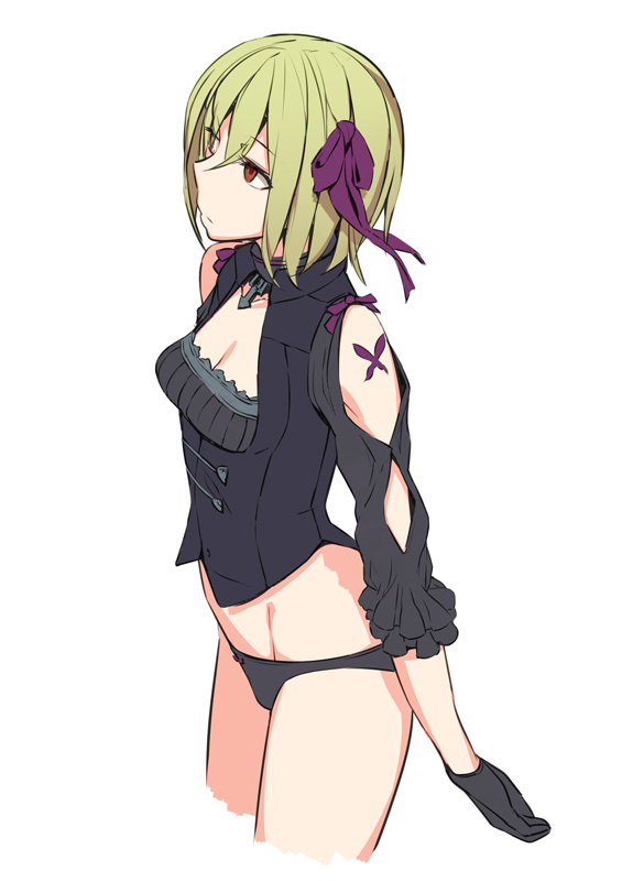 1girl, black_gloves, black_panties, blonde_hair, bow, bow_panties, breasts, butterfly_tattoo
