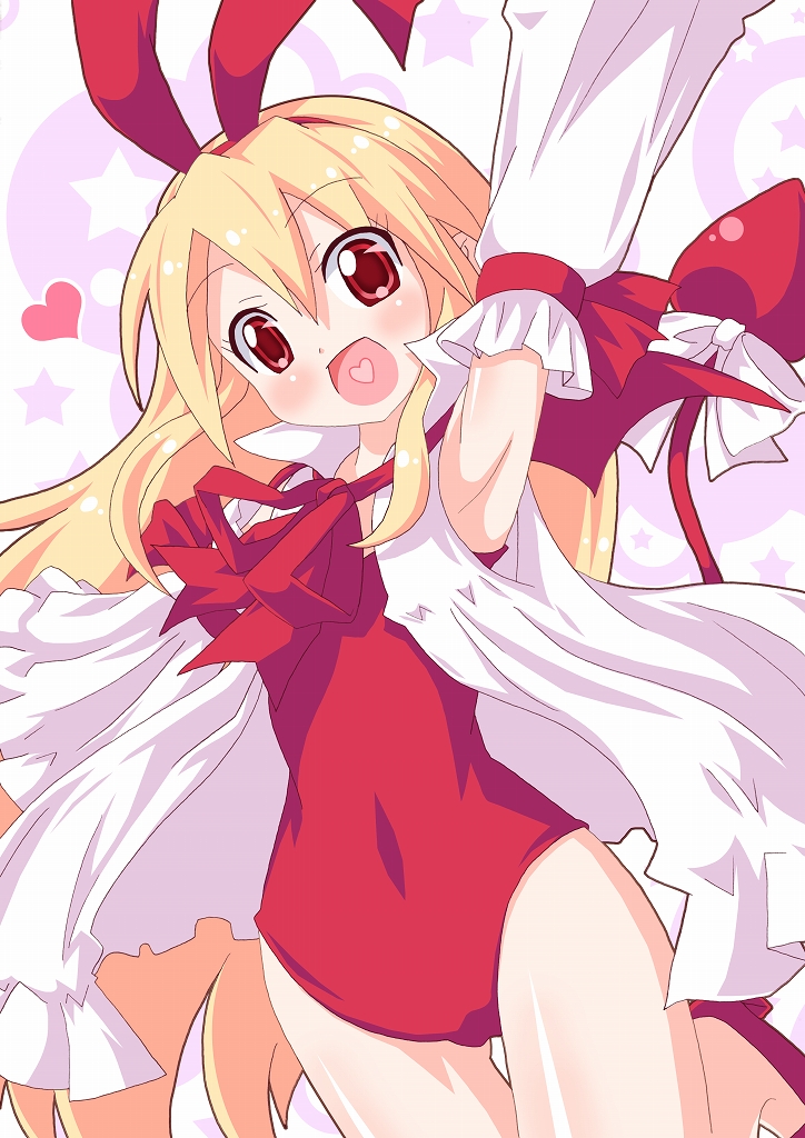 1girl, :d, armpits, arms_up, blonde_hair, blush, bow, demon_tail