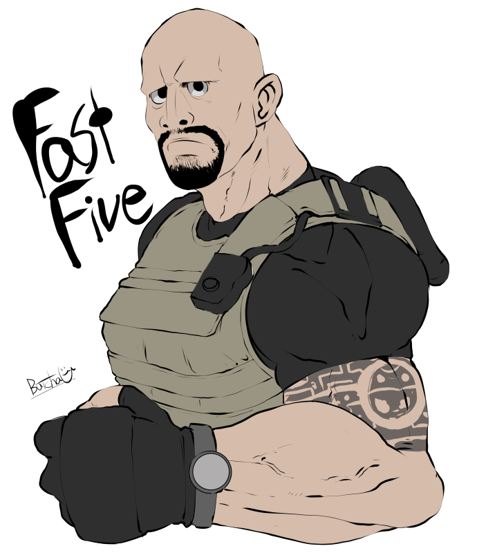 1boy, bald, black_eyes, bulletproof_vest, butcha-u, copyright_name, facial_hair, fast_&amp;_furious, fast_five, fingerless_gloves, flat_color, gloves, goatee, lucas_hobbs, male_focus, manly, muscular, solo, tattoo, the_fast_and_the_furious, the_rock_(dwayne_johnson), upper_body, white_background