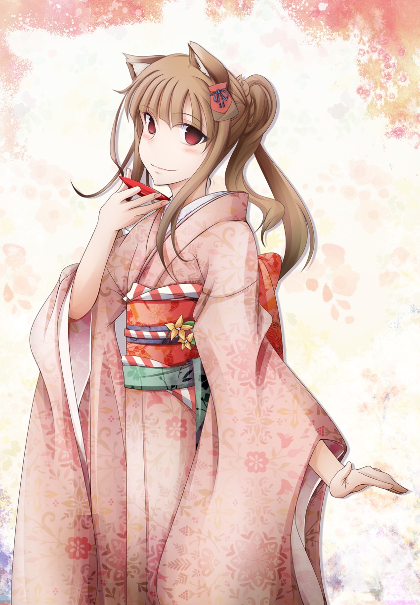 1girl, animal_ears, brown_hair, female_focus, floral_print, fudo_shin, highres, holo