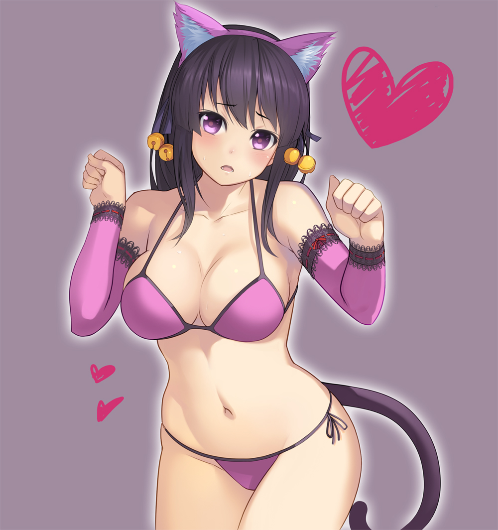 1girl, animal_ears, beatmania_iidx, bell, bemani, bikini, black_hair, blush, breasts, cat_ears, cleavage, collarbone, cowboy_shot, d:, detached_sleeves, fake_animal_ears, female_focus, grey_background, hair_bell, hair_ornament, hair_ribbon, halterneck, heart, heart_background, km_(km517), lace-trimmed_sleeves, lace_trim, large_breasts, long_sleeves, navel, open_mouth, outline, paw_pose, purple_bikini, purple_eyes, ribbon, ribbon-trimmed_sleeves, ribbon_trim, side-tie_bikini_bottom, skindentation, solo, sweat, swimsuit, tail, umegiri_hifumi