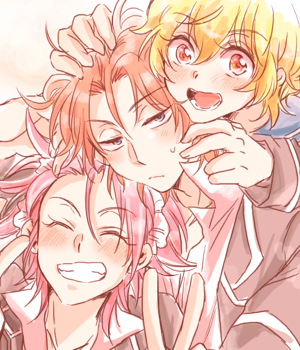 10s, 3boys, binan_koukou_chikyuu_bouei-bu_love!, blonde_hair, blue_eyes, blush, grin, hairband