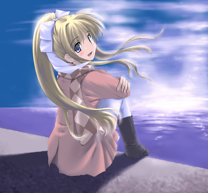 00s, 1girl, :d, air_(visual_novel), black_boots, blonde_hair, blue_eyes, blush