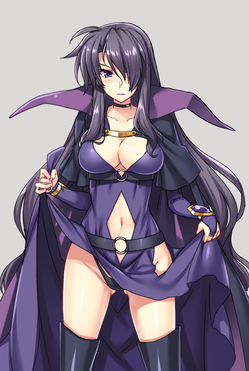 00s, 1girl, belt, black_hair, black_panties, blue_eyes, blush, boots, breasts, bridal_gauntlets, cape, capelet, choker, cleavage, clothes_lift, clothing_cutout, collarbone, cowboy_shot, dress, dress_lift, female_focus, grey_background, hair_ornament, hair_over_one_eye, highres, large_breasts, lifting_own_clothes, long_hair, looking_at_viewer, lyrical_nanoha, mahou_shoujo_lyrical_nanoha, nail_polish, navel, navel_cutout, panties, presea_testarossa, purple_dress, purple_eyes, raiou, simple_background, solo, thigh_boots, thighhighs, underwear, very_long_hair