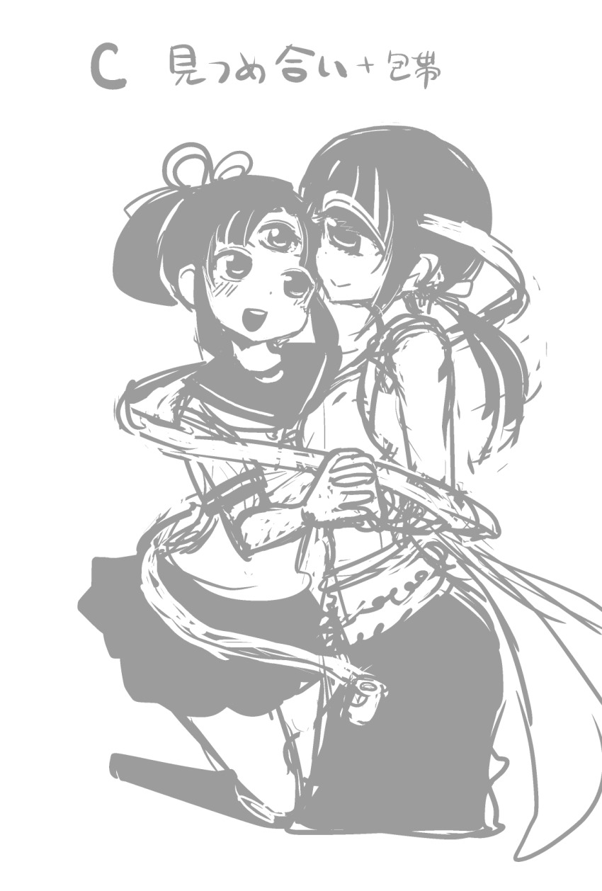 2girls, bandages, cyclops, extra_eyes, greyscale, highres, hitomi_(hitomi_sensei_no_hokenshitsu), hitomi_sensei_no_hokenshitsu