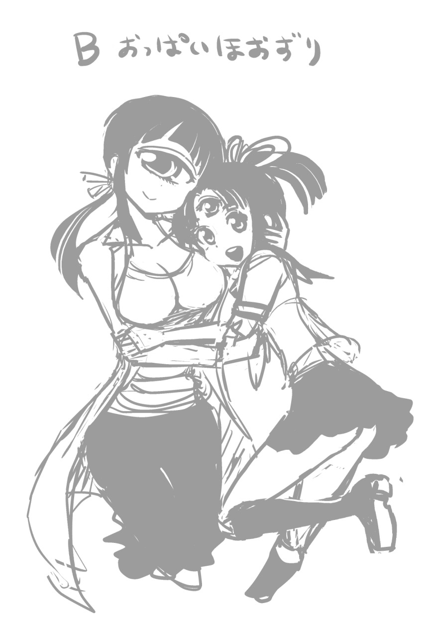 2girls, breasts, cleavage, cyclops, extra_eyes, greyscale, highres, hitomi_(hitomi_sensei_no_hokenshitsu)