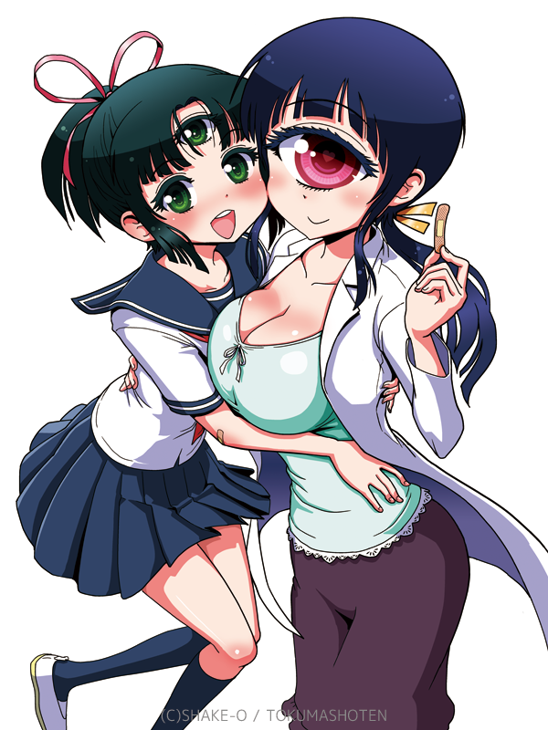 2girls, :d, artist_name, bandaid, blue_hair, breasts, cleavage, cyclops, extra_eyes, green_eyes, green_hair, heart, heart-shaped_pupils, hitomi_(hitomi_sensei_no_hokenshitsu), hitomi_sensei_no_hokenshitsu, hug, lab_coat, large_breasts, long_hair, manaka_hitomi, manaka_mitsumi, mitsumi_(hitomi_sensei_no_hokenshitsu), monster, multiple_girls, official_art, one-eyed, open_mouth, pink_eyes, ponytail, school_nurse, school_uniform, shake-o, siblings, sidelocks, simple_background, sisters, smile, symbol-shaped_pupils, teacher_and_student, third_eye, white_background