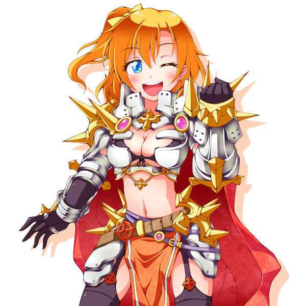 10s, 1girl, armor, blue_eyes, breasts, cape, cleavage, female_focus, kosaka_honoka, large_breasts, love_live!, love_live!_school_idol_project, one_eye_closed, orange_hair, ragnarok_online, rune_knight_(ragnarok_online), saaki_(sa-ki), short_hair, side_ponytail, solo, spikes
