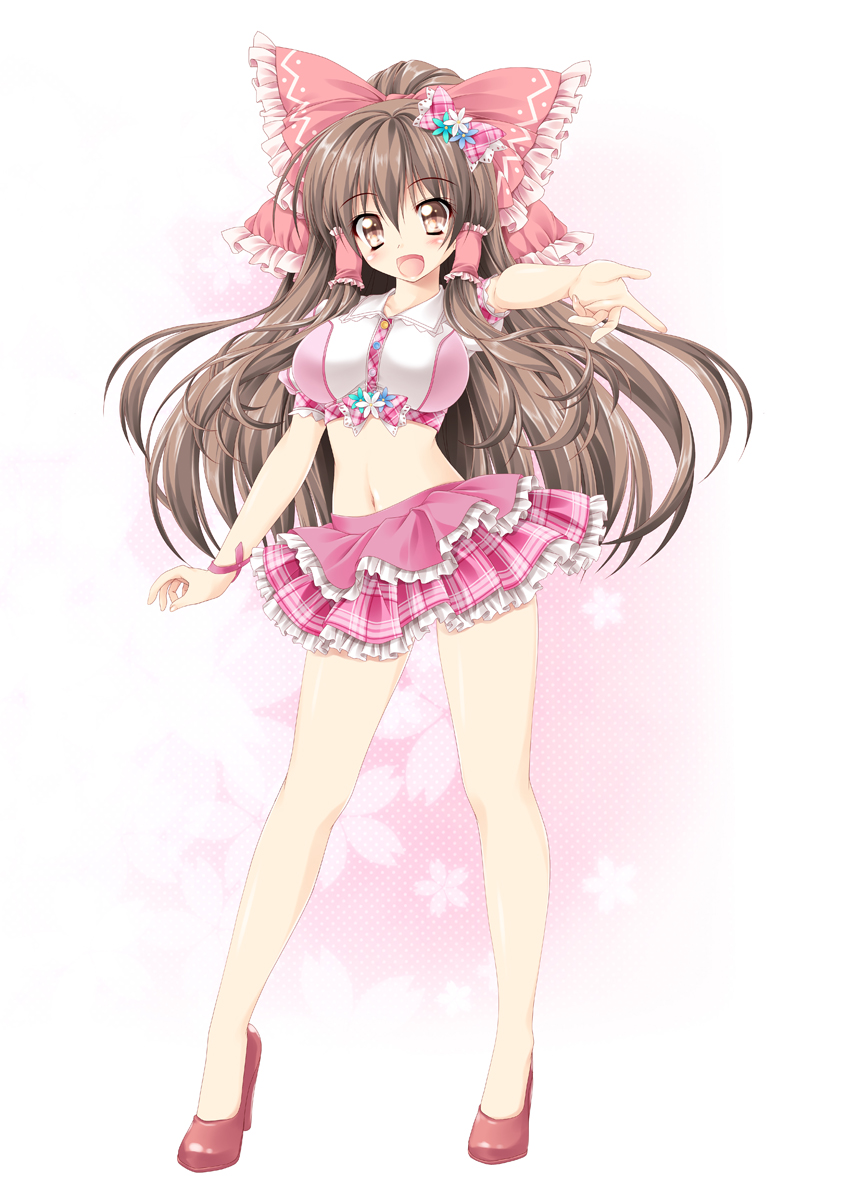 1girl, alternate_costume, bow, breasts, brown_eyes, brown_hair, cosplay, crop_top