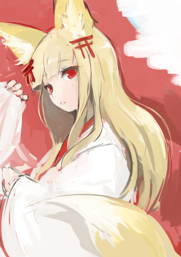 1girl, animal_ears, blonde_hair, blunt_bangs, female_focus, fox_ears, fox_tail, hair_ornament, japanese_clothes, long_hair, long_sleeves, miko, oshiro_project:re, parody, re_(tori), red_eyes, senko_(oshiro_project), sleeves_past_wrists, solo, tail, torii_hair_ornament