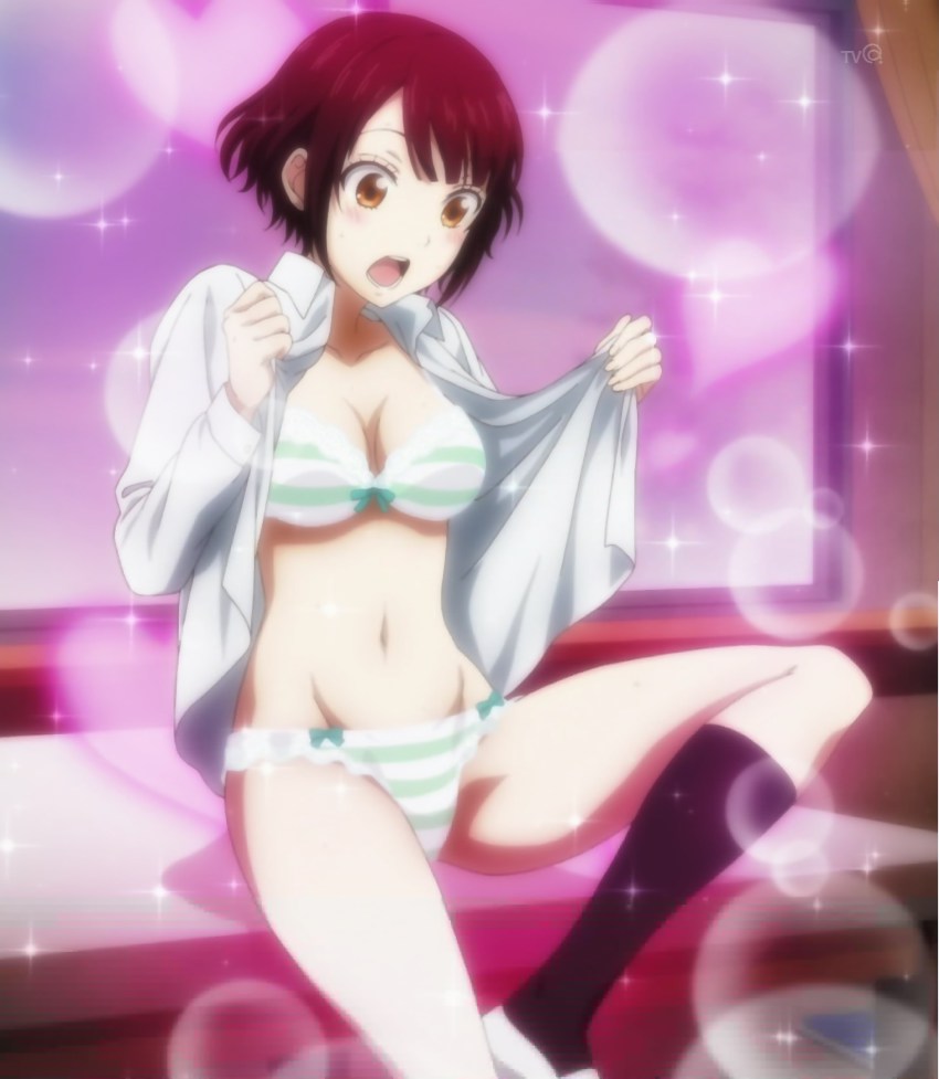 10s, 1girl, anime_screenshot, blush, body_switch, bra, breasts, brown_eyes, cleavage, dress_shirt, female_focus, green_bra, green_panties, highres, itou_miyabi, maroon_hair, navel, open_clothes, open_mouth, open_shirt, panties, personality_switch, red_hair, school_uniform, shirt, short_hair, sitting, solo, sparkle, striped_bra, striped_clothes, striped_panties, underwear, yamada-kun_to_7-nin_no_majo