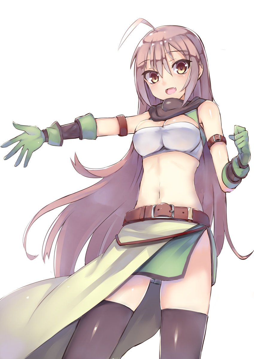 1girl, :d, ahoge, arm_belt, bandeau, battery_aida_ni_misu_ga_deta, belt, black_thighhighs