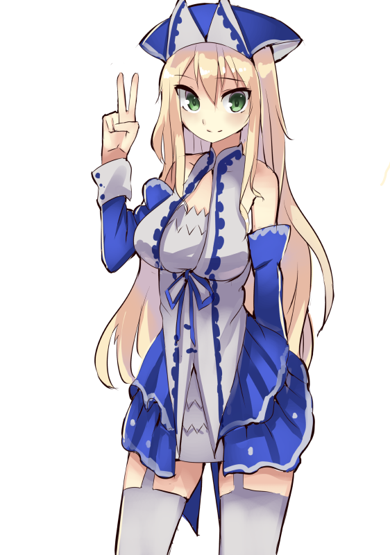 1girl, bare_shoulders, battery_aida_ni_misu_ga_deta, blonde_hair, camilla_(sennen_sensou_aigis), cowboy_shot, detached_sleeves, female_focus