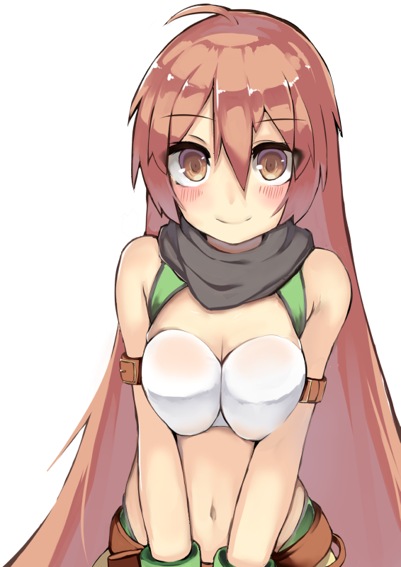 1girl, ahoge, arm_belt, bandeau, battery_aida_ni_misu_ga_deta, blush, breasts, breasts_squeezed_together