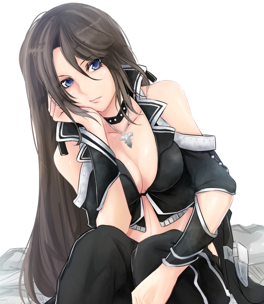 1girl, artist_request, bare_shoulders, black_hair, blue_eyes, breasts, choker, cleavage
