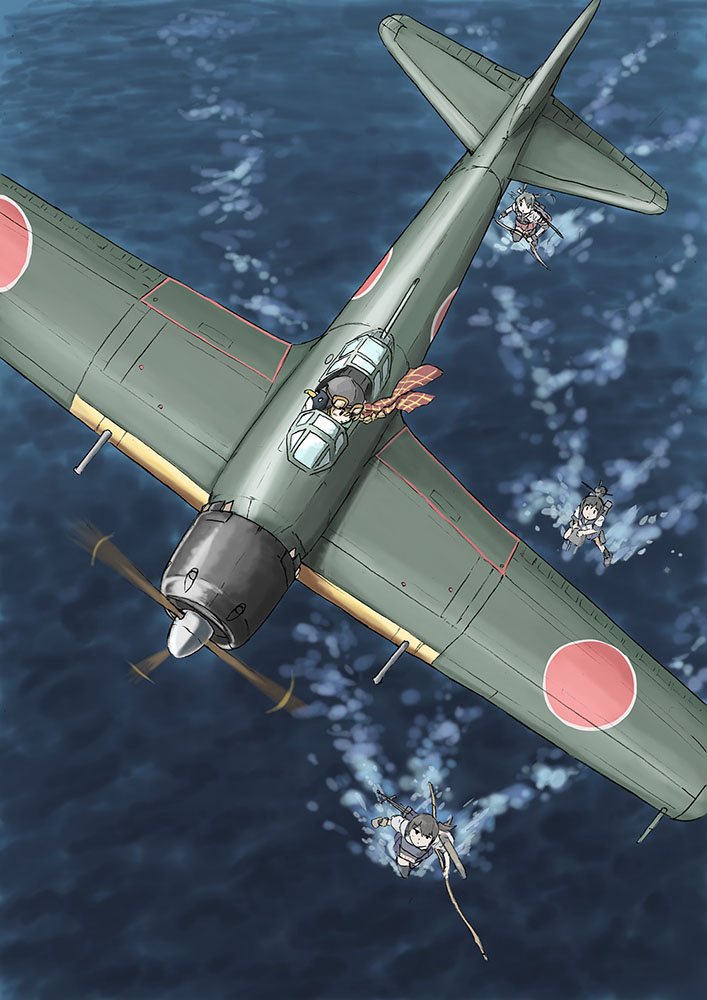 10s, 3girls, a6m_zero, aircraft, airplane, black_hair, bow_(weapon), fairy_(kancolle)