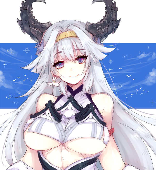 1girl, bad_id, bad_pixiv_id, bare_shoulders, breasts, earrings, female_focus, himeji-jou_(sengoku_bushouki_muramasa), himeji_castle, horns, jewelry, large_breasts, looking_at_viewer, purple_eyes, sengoku_bushouki_muramasa, smile, solo, terupancake, underboob, white_hair