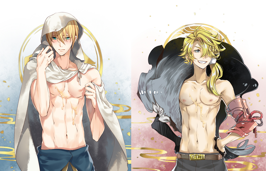 10s, 2boys, blonde_hair, blue_eyes, blush, grin, hand_on_own_hip, hood