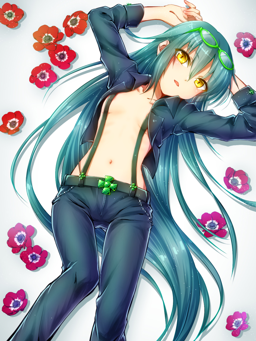 1girl, belt, breasts, denim, eyewear_on_head, female_focus, green_hair, highres