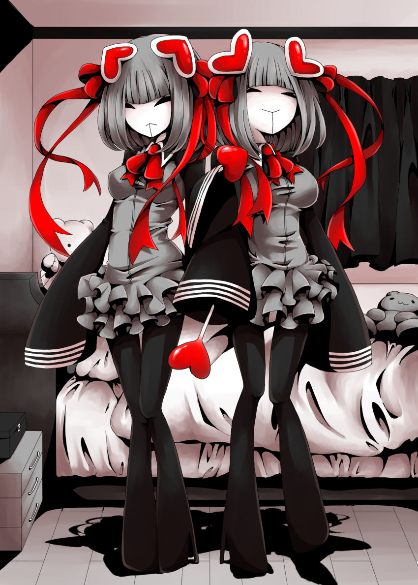 2girls, attraction-m_(lolo), bedroom, boots, closed_eyes, heart, high_heel_boots, high_heels, highres, magical_girl, magical_girl_apocalypse, mahou_shoujo_of_the_end, multiple_girls, repulsion-m_(coco), siblings, sisters, skirt, stuffed_toy, thigh_boots, thighhighs, twins, very_long_sleeves