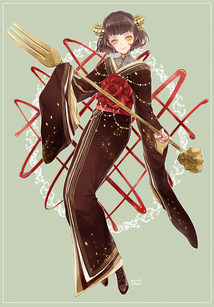 1girl, black_hair, brown_shoes, flower, fork, full_body, green_background, hair_ornament, japanese_clothes, kimono, looking_at_viewer, mikuni_(mikunik), opera_cake, original, oversized_object, personification, pocketland, red_flower, red_rose, rose, shoes, short_hair, smile, staff, yellow_eyes