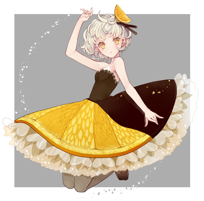 1girl, bare_shoulders, black_pantyhose, black_shoes, bright_pupils, chocolate, chocolate-covered_food, dress