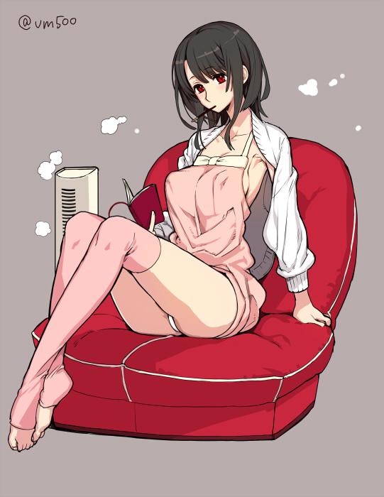 10s, 1girl, barefoot, black_hair, book, couch, feet, female_focus, food, kantai_collection, kome_(vm500), leg_warmers, long_legs, mouth_hold, open_book, pink_thighhighs, pocky, reading, red_eyes, short_hair, simple_background, sitting, solo, sweater, takao_(kancolle), thighhighs, toeless_legwear, toes