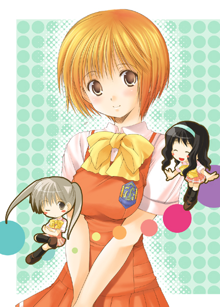 00s, 3girls, azuma_yuki, black_hair, blush, bow, bowtie, brown_hair