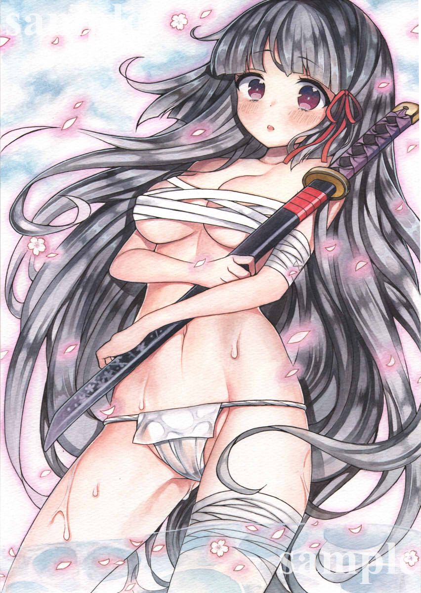 1girl, black_hair, blush, breasts, female_focus, floral_print, fundoshi, highres