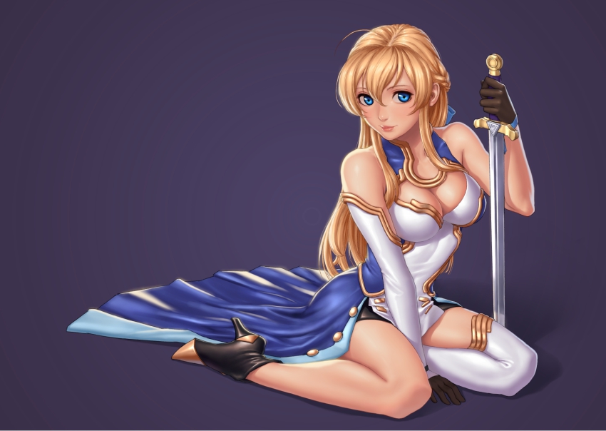 10s, 1girl, bad_id, bad_pixiv_id, blonde_hair, blue_background, blue_eyes, breasts