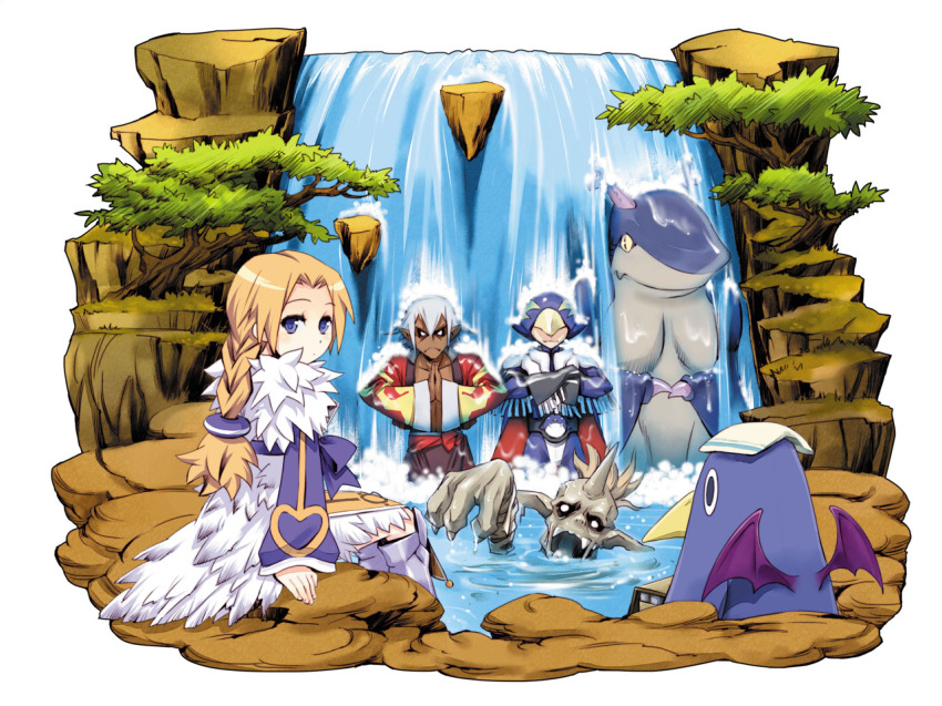 1girl, 2boys, blonde_hair, blue_eyes, bow, braid, creature, crossed_arms, dark_skin, disgaea, disgaea_d2, female_angel_(disgaea), fur_trim, harada_takehito, long_hair, male_brawler_(disgaea), mask, masked_hero_(disgaea), monster, multiple_boys, official_art, own_hands_together, pointy_ears, prinny, shark, shark_king_(disgaea), tree, waist_bow, water, waterfall, white_hair, zombie, zombie_(disgaea)