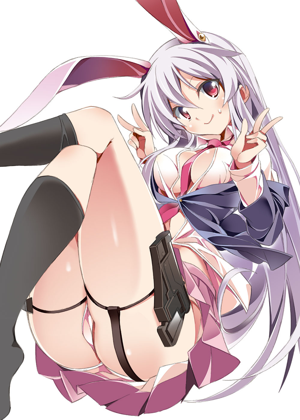 1girl, animal_ears, between_breasts, black_legwear, blazer, blouse, blush, breasts, cleavage, double_v, extra_ears, female_focus, gun, handgun, highres, holster, jacket, large_breasts, legs, long_hair, looking_at_viewer, necktie, necktie_between_breasts, pleated_skirt, purple_hair, rabbit_ears, red_eyes, red_necktie, reisen_udongein_inaba, shirt, skirt, smile, solo, thigh_holster, tomatomato_(tomato_kanzume), touhou, v, weapon