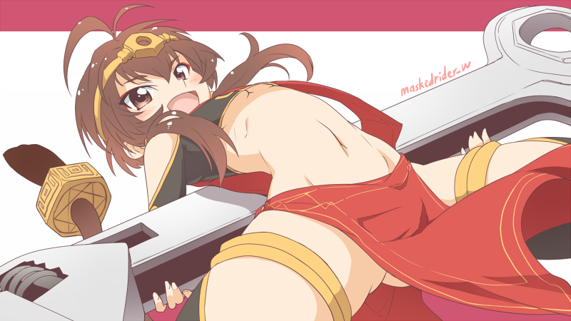 1girl, :d, arched_back, bare_shoulders, breasts, brown_eyes, brown_hair, crown, female_focus, monkey_tail, monkey_wrench_(ole_tower), monkey_wrench_m36_(ole_tower), navel, ole_tower, open_mouth, short_hair, small_breasts, smile, solo, tail, underboob, yuto_(dialique)