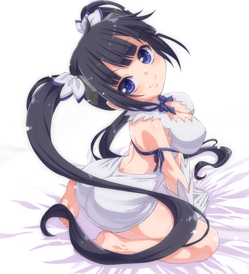 10s, 1girl, bad_id, bad_pixiv_id, barefoot, black_hair, blue_eyes, breasts