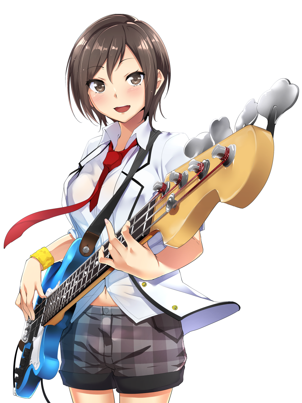 1girl, bad_id, bad_pixiv_id, bass_guitar, blush, brown_eyes, brown_hair, collared_shirt, female_focus, fender_(company), fender_jazz_bass, foreshortening, guitar, highres, holding, instrument, jacket, loose_necktie, music, navel, necktie, playing_instrument, seto_ferb, shirt, short_hair, shorts, simple_background, smile, solo, tokyo_7th_sisters, tomohiro_kai, white_background, white_shirt, wristband