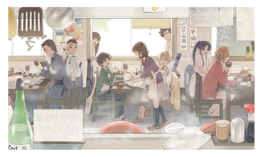 3girls, 6+boys, apron, black_hair, brown_hair, chopsticks, closed_eyes, contemporary