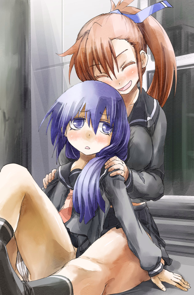 2girls, ^_^, blue_eyes, blush, breasts, brown_hair, closed_eyes, flat_chest