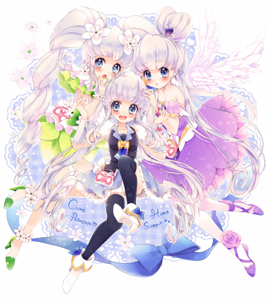 10s, 3girls, blue_eyes, blush, boots, brooch, character_name, cure_princess