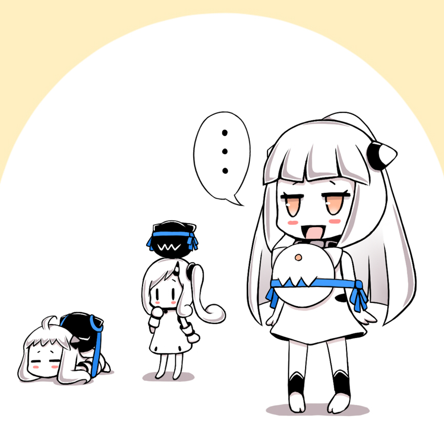 ..., 3girls, :d, abyssal_ship, ahoge, blush_stickers, colored_skin, commentary_request