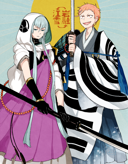 10s, 2boys, armor, black_gloves, blue_hair, cosplay, costume_switch, earrings, gloves, hakama, hakama_skirt, hood, iwatooshi, iwatooshi_(cosplay), japanese_armor, japanese_clothes, jewelry, katana, kesa, kimono, kousetsu_samonji, kousetsu_samonji_(cosplay), l_hakase, long_hair, male_focus, multiple_boys, naginata, open_mouth, orange_hair, polearm, short_hair, shoulder_armor, skirt, sode, sword, touken_ranbu, very_long_hair, weapon