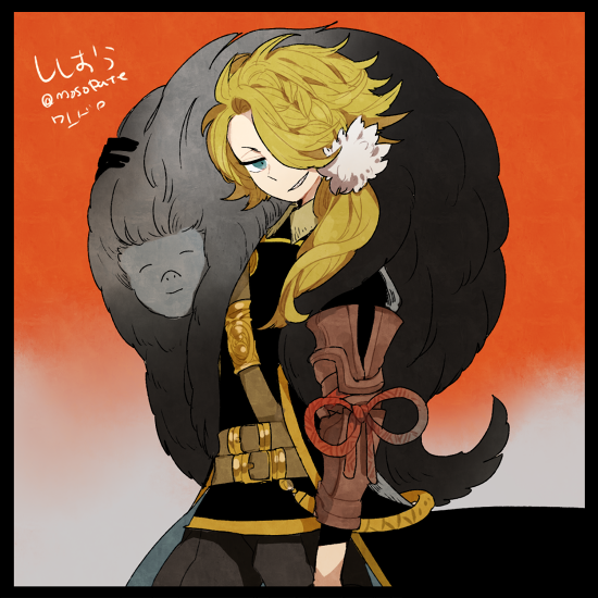 10s, 1boy, artist_name, black_border, black_gloves, blonde_hair, border, gloves, green_eyes, grin, hair_over_one_eye, l_hakase, long_hair, looking_at_viewer, male_focus, ponytail, shishiou_(touken_ranbu), shishiou_no_mofumofu, smile, solo, touken_ranbu, twitter_username