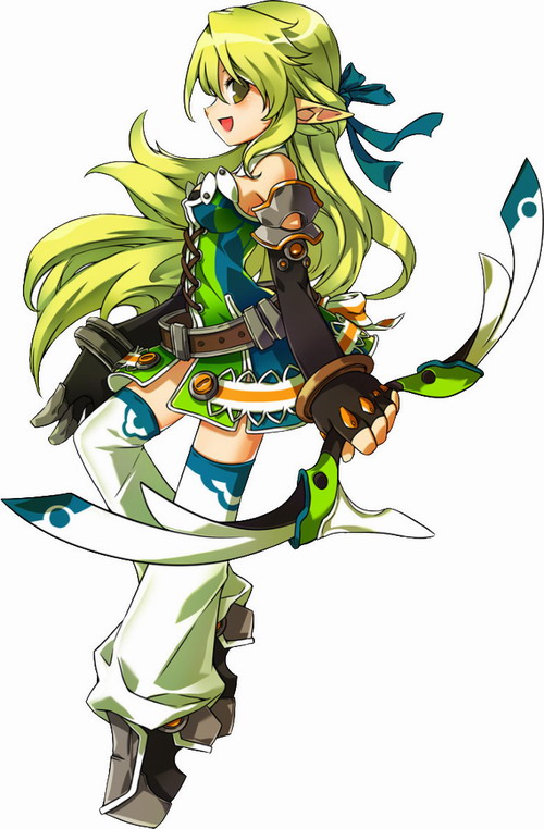 1girl, :d, bare_shoulders, black_gloves, blue_bow, boots, bow, bow_(weapon), breasts, elbow_gloves, elsword, female_focus, fingerless_gloves, full_body, gloves, green_eyes, green_hair, hair_bow, half_updo, long_hair, matching_hair/eyes, official_art, open_mouth, pointy_ears, profile, rena_erindel, ress, skirt, smile, sniping_ranger_(elsword), solo, thigh_boots, thighhighs, weapon, white_background, white_boots
