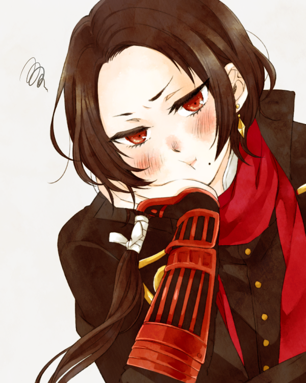 10s, 1boy, :t, brown_hair, head_rest, kashuu_kiyomitsu, male_focus, mole