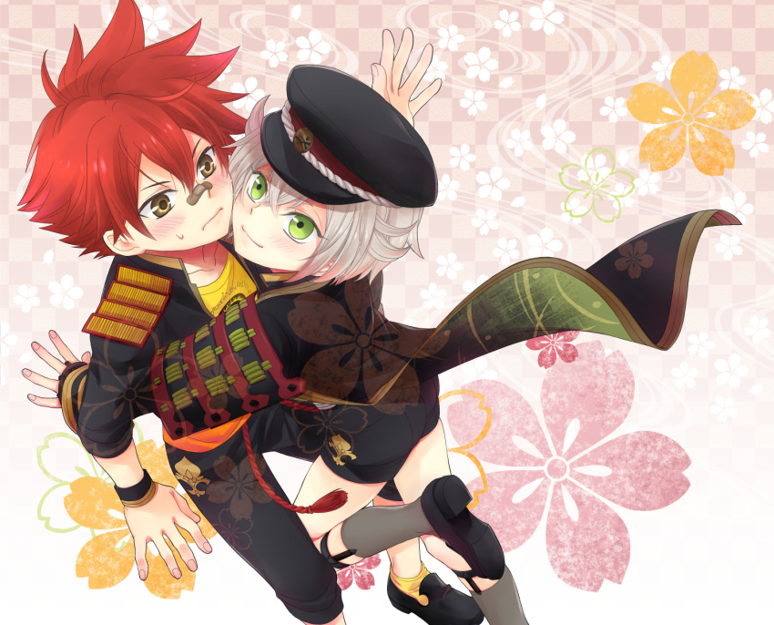 10s, 2boys, aizen_kunitoshi, armor, bandaid, bandaid_on_face, bandaid_on_nose, blush, brown_eyes, cape, checkered_background, flower, green_eyes, hat, highres, hotarumaru, hug, japanese_armor, legwear_garter, male_focus, multiple_boys, red_hair, shorts, shoulder_armor, silver_hair, sm_chika, smile, sode, touken_ranbu