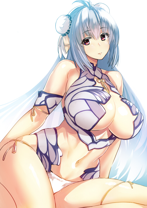 00s, 1girl, android, blue_hair, breasts, bun_cover, cleavage, female_focus