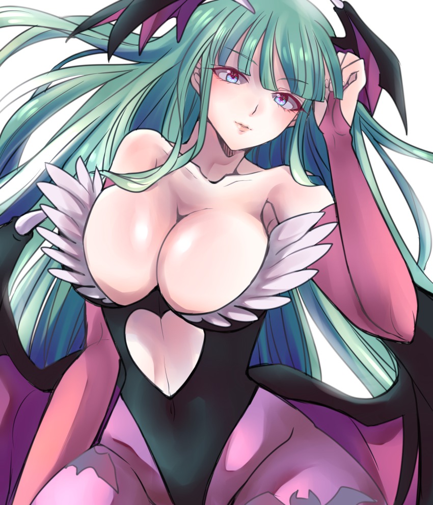 1girl, animal_print, bat_print, bat_wings, blue_eyes, blunt_bangs, breasts, bridal_gauntlets, capcom, cleavage, clothing_cutout, collarbone, demon_girl, female_focus, green_hair, head_tilt, head_wings, heart, heart_cutout, highres, huge_breasts, long_hair, looking_at_viewer, low_wings, morrigan_aensland, narrow_waist, pantyhose, parted_lips, print_pantyhose, purple_pantyhose, reki_(2560736), simple_background, solo, darkstalkers, very_long_hair, white_background, wide_hips, wings