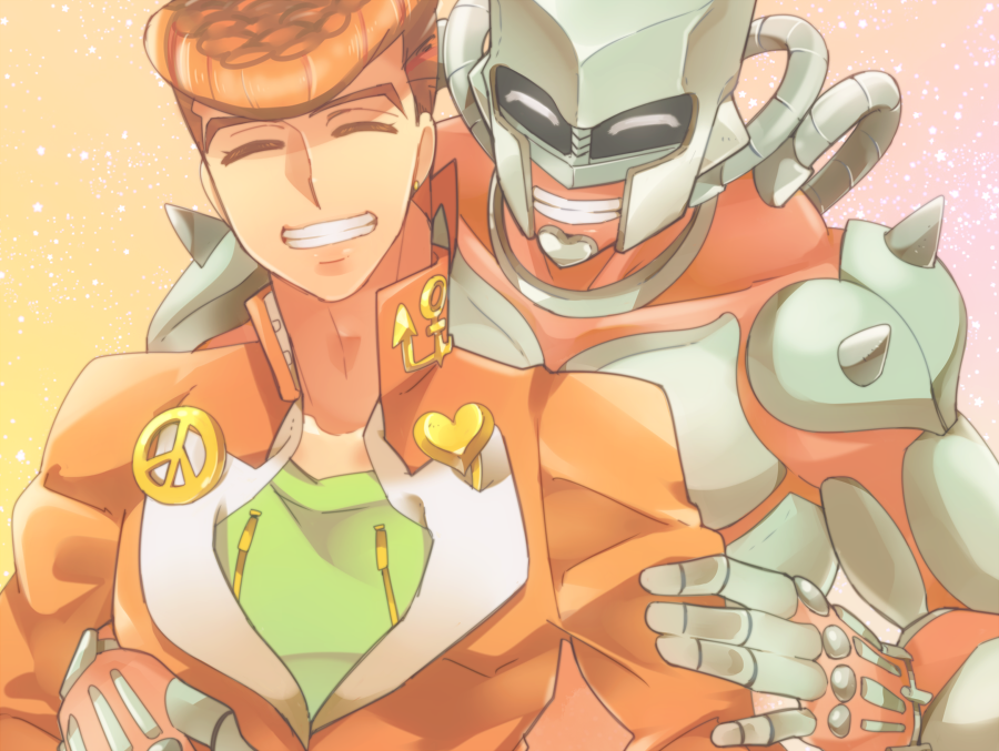 1boy, closed_eyes, crazy_diamond, gakuran, gradient_background, heart, higashikata_josuke, hug