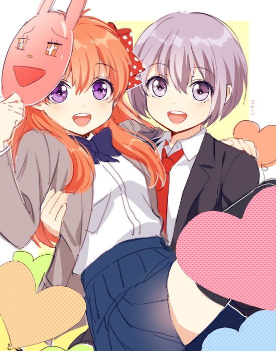 10s, 2girls, bad_id, bad_pixiv_id, bow, carrying, creator_connection, crossover