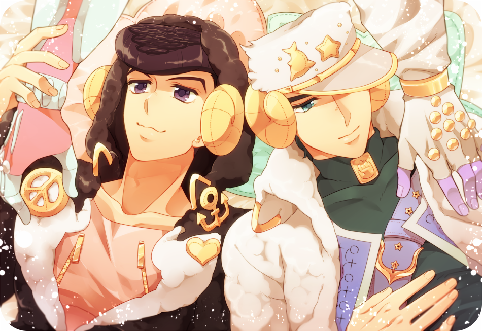 2boys, animal_costume, black_hair, crazy_diamond, higashikata_josuke, hood, hoodie, horns