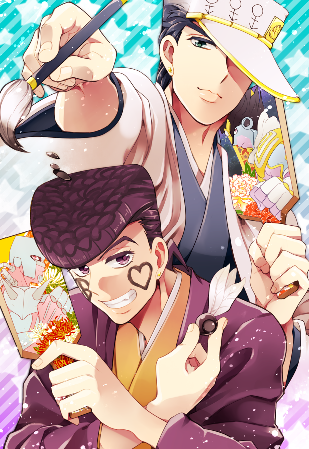 2boys, black_hair, brush, crazy_diamond, hat, higashikata_josuke, japanese_clothes, jojo_no_kimyou_na_bouken, kazumi_(uta915), kimono, kuujou_joutarou, male_focus, multiple_boys, new_year, paddle, pompadour, purple_hair, stand_(jojo), star_platinum
